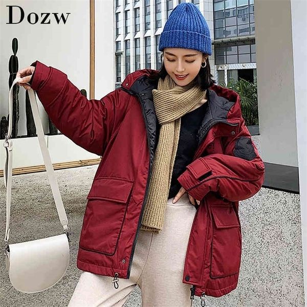 

new fashion space cotton padded coat women winter hooded letter print warm jacket ladies leisure thicken pockets manteau femme 210414, Black