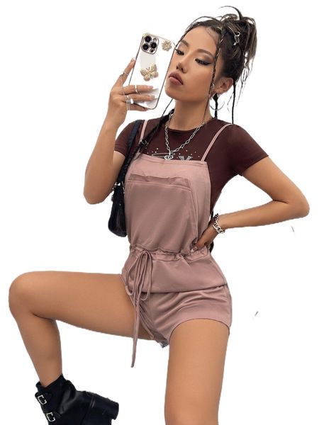 

solid d.rawstring w.aist o.verall romper l3wh#, Black;white