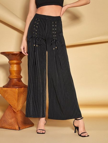 

x madola high waisted lace up striped wide leg pants x7zu#, Black;white