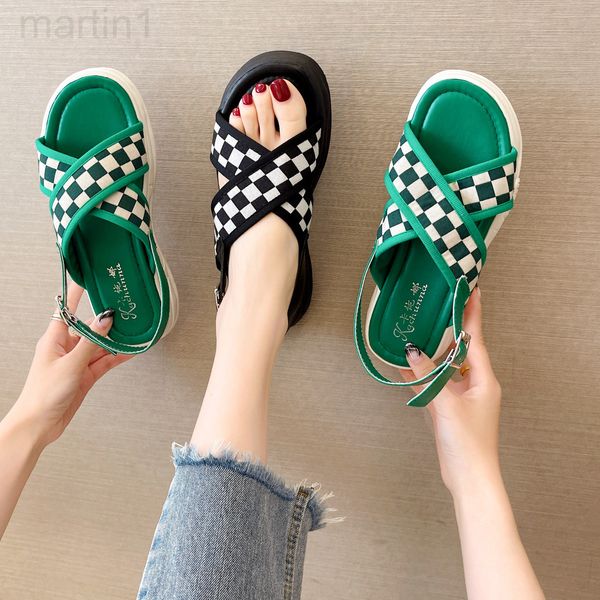 

sandals designer women's 2022 summer new korean fashion wear cross belt one-line buckle thick bottom checkerboard beach women's sh, Black