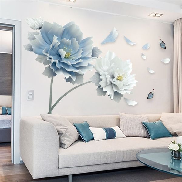 Grande Branco Azul Flor Lótus Lótus Butterfly Removável adesivos de parede 3D Decalques de arte de parede Arte mural para sala de estar Decoração de casa T200601