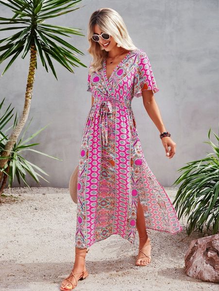 

allover print butterfly sleeve split side belted dress f63q#, Black;gray