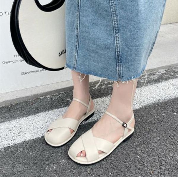 

summer toe sandals open toe soft sole flat retro roman shoes, Black