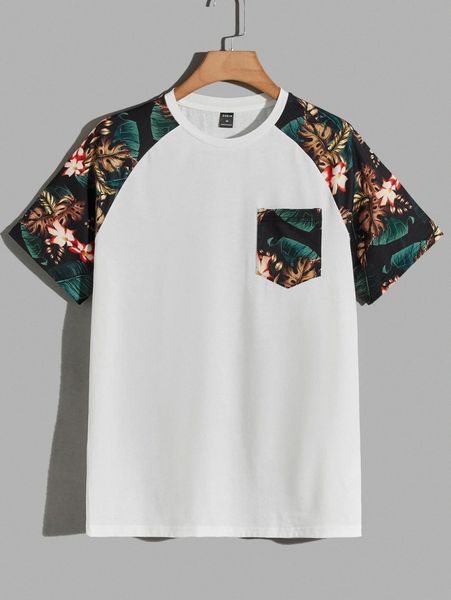 

men floral raglan sleeve pocket patched tee t1z1#, White;black