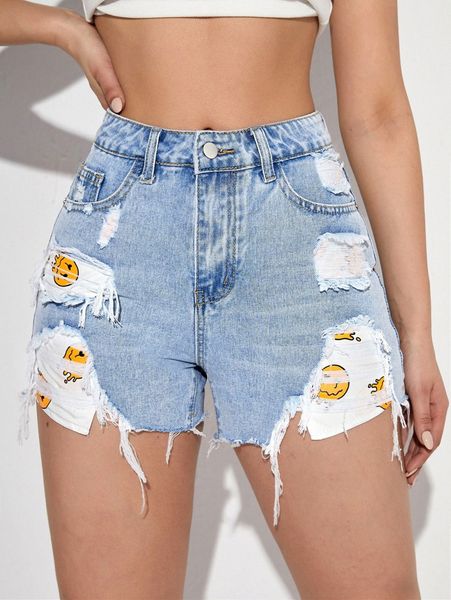 

cartoon graphic ripped raw hem denim shorts q7hz#, White;black