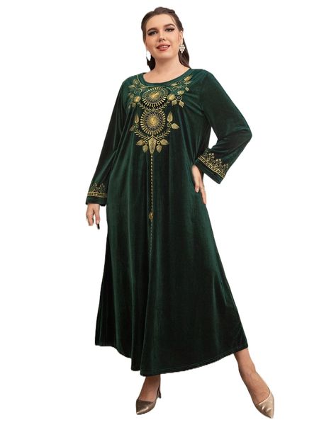 

plus plant embroidery velvet dress without belt f5jt#, Black