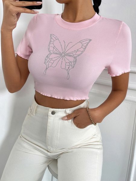 

rhinestone butterfly print lettuce trim tee y8yj#, White