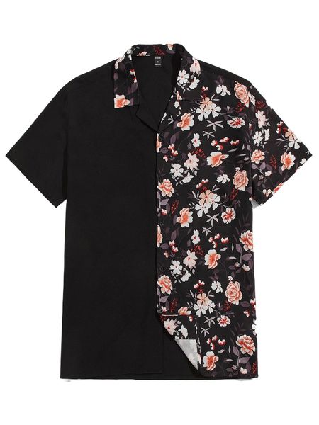 

men floral print button front spliced shirt r40n#, White;black