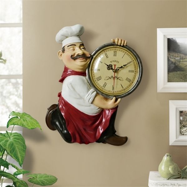 Orologio da parete vintage decorazione della casa Resina Chef Statua orologio Orologio al quarzo muto per soggiorno Cucina Decorazione della parete Orologio appeso 201125