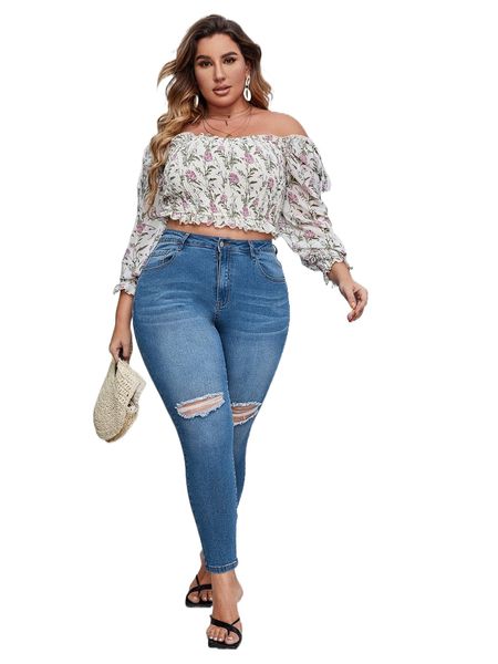 

plus high waist ripped frayed skinny jeans 105a#, Blue
