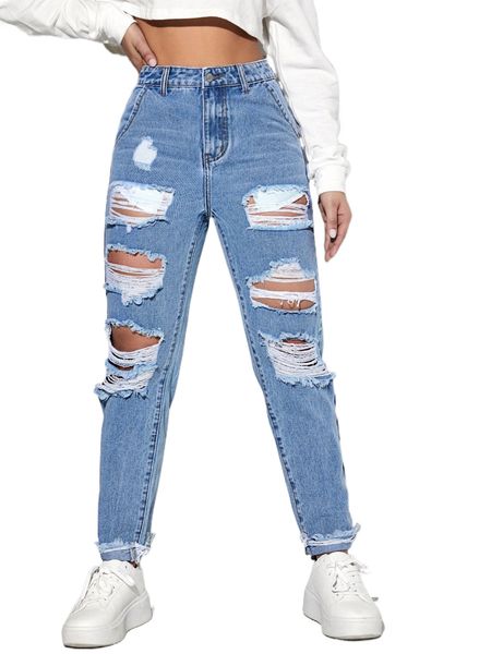 

high waisted ripped raw hem mom fit jeans o69a#, Blue