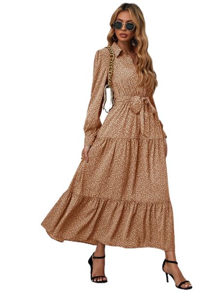 

leaf print lantern sleeve ruffle hem belted shirt dress m8o4#, Black;gray