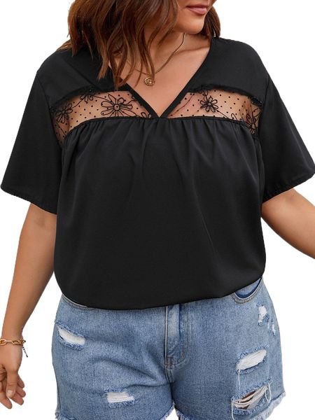 

plus contrast dobby mesh blouse 70zn#, Black