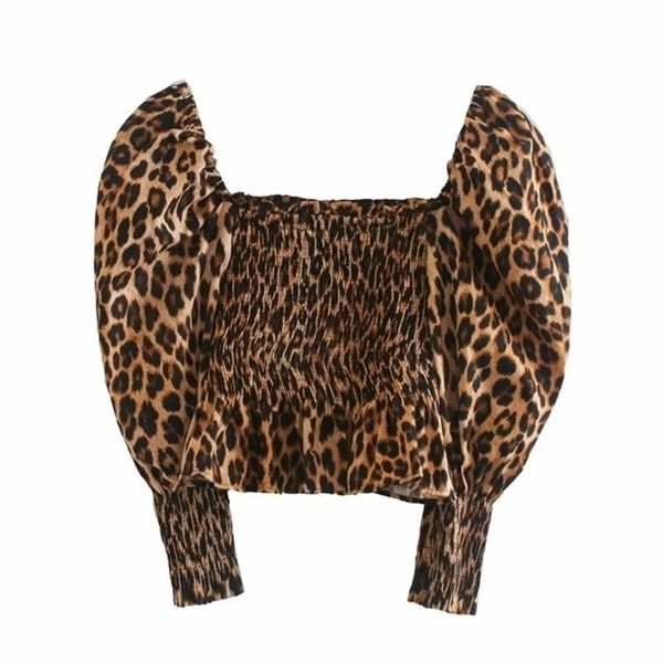 

leopard print stretchy blouse women puff sleeve shirts smocked elastic detail ruffle hem vintage casual woman 210524, White