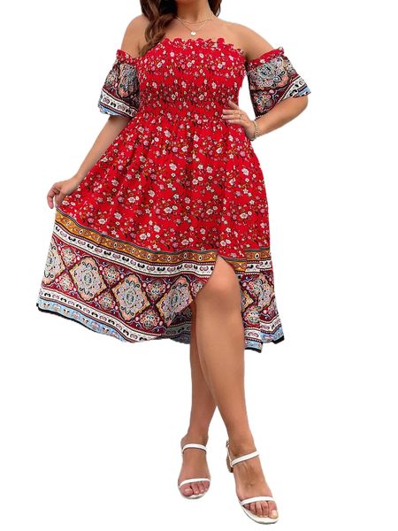 

plus floral print off shoulder shirred split hem dress k8ml#, Black