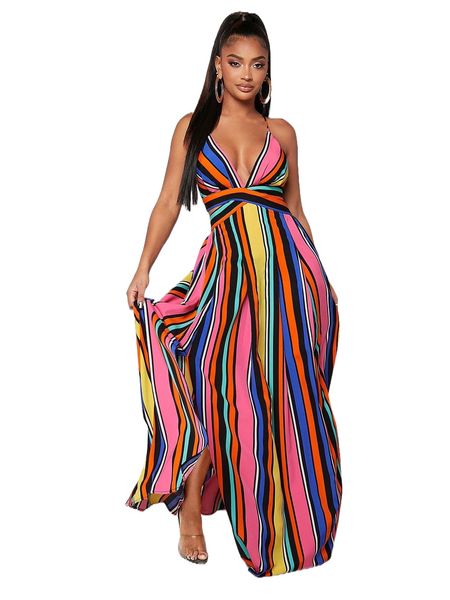 

sxy block striped crisscross tie backless split thigh cami dress y5bh#, Black;gray