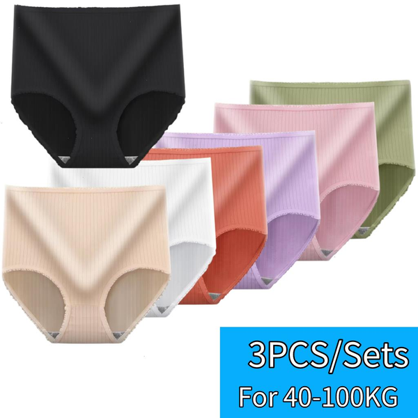 

xxl womens panties 3pc sets plus size underwear seamless high-rise solid cotton underpants ladies lingerie for 40-100kg, Black;pink