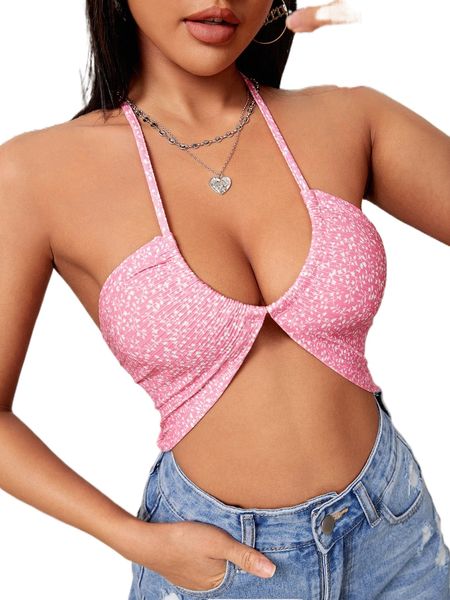 

plants print tied backless halter crop j43g#, White