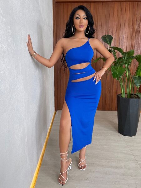 

sxy cut out one shoulder slit thigh bodycon dress z3lz#, Black;gray