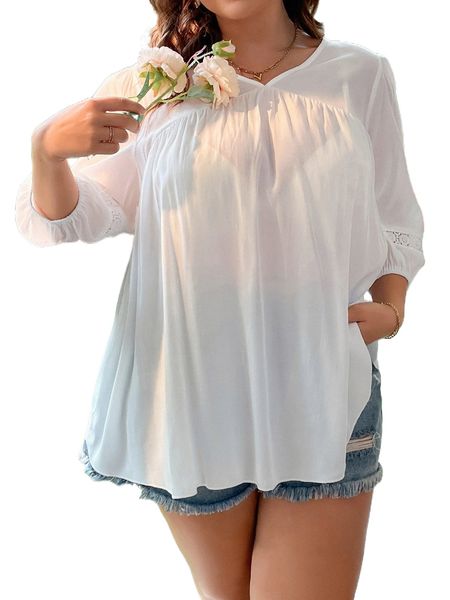 

plus guipure lace detail bishop sleeve blouse p2ys#, Black