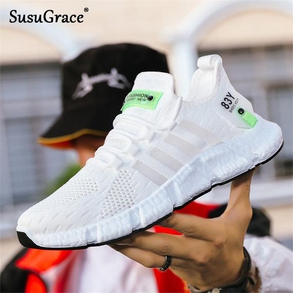 

susugrace casual men white shoes tennis summer mesh laceup footwear breathable size stripe fashion sneaker super light 220810, Black