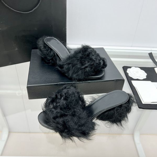

2022 new lamb wool sandals women outer wear thick heel high heel leather, Black