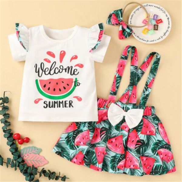 

summer toddler baby girls clothes sets designer kids girl t-shirts strap skirt headbands 3-piece outfits boutique childrens clothing, White