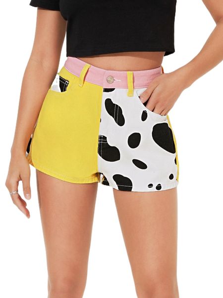 

petite cow print colorblock denim shorts y4lu#, White;black