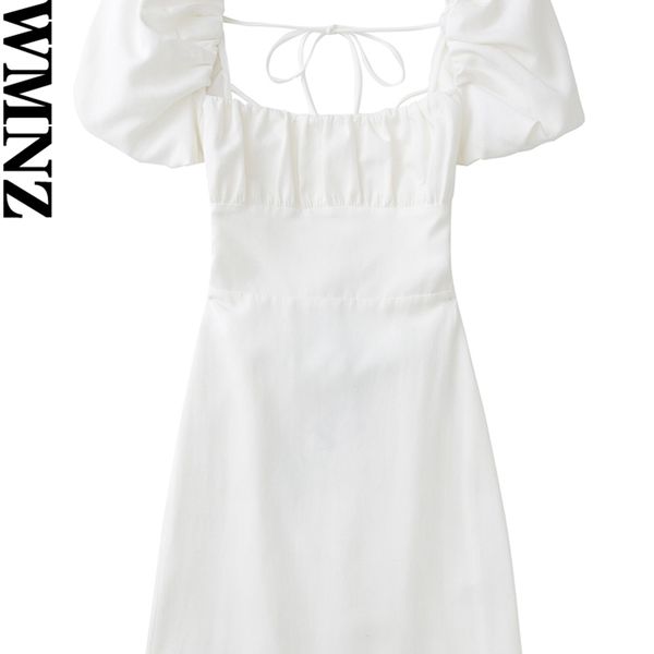 Xnwmnz feminino linho de moda branca vestido de mistura fêmea pescoço feminino mangas curtas curtas sem costas tiras de crossover para mulheres s 220629