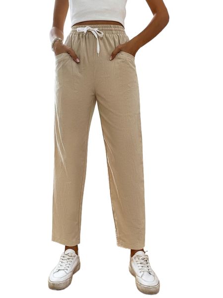 

drawstring waist pocket patched pants c7tu#, Black;white