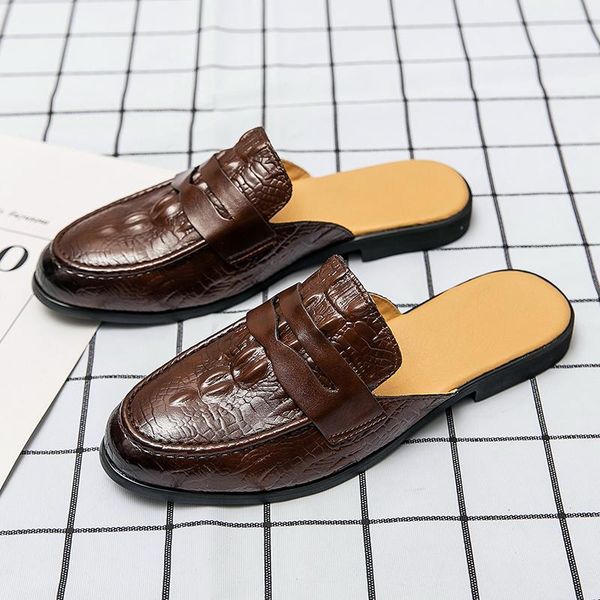 

luxury brand mens designer crocodile pattern slippers genuine leather mules room outdoor slides sandals classic black brown large size 38-45
