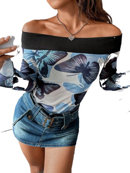 

butterfly print off shoulder 59nk#, White