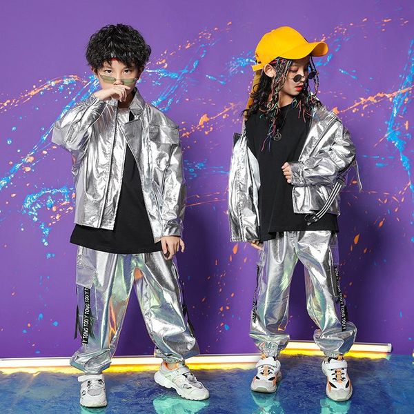 Abiti da palcoscenico Bambini Abiti hip-hop Sciolto Giacca argento Cappotto Top Felpa Pantaloni Ragazze Ragazzi Danza jazz Streetwear Abiti da spettacoloStage