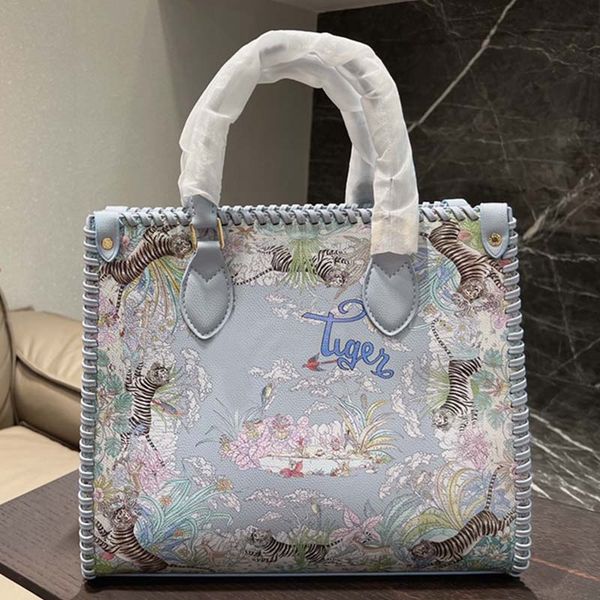 

woven totes bag spray painted handbag printed tiger shopping bags genuine leather knitting letter perforated appliques hollow out double han