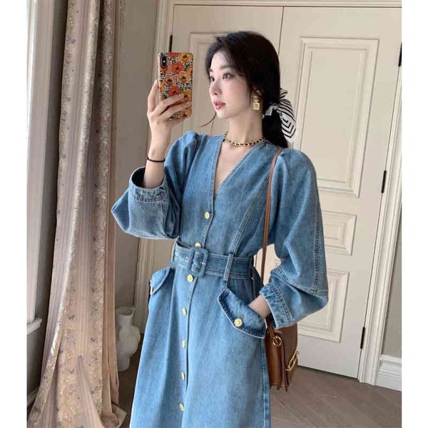 

casual dresses spring 2022 hepburn style french goddess dress temperament small fragrance v-neck denim dress women pg3x, Black;gray