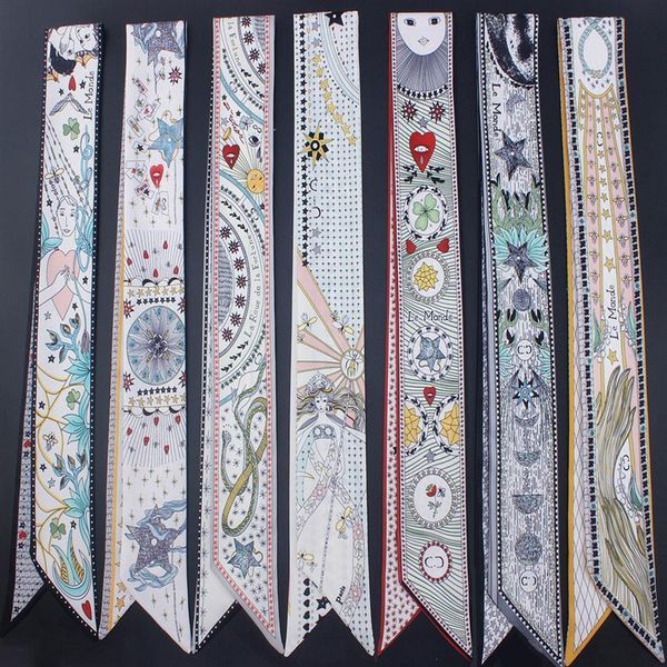 

tarot series new design skinny scarf 12 constellation print women silk scarf small handle bag ribbons female head scarves&wraps231b, Blue;gray