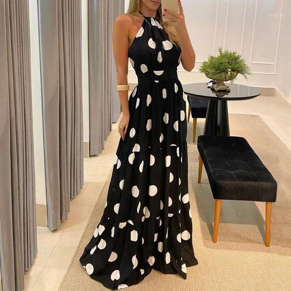 Polka Dot Maxi Dress Summer 2022 Fashion Print Backless Halter Party Elegant Women Strap White Dress De Mujer Casual Dresses