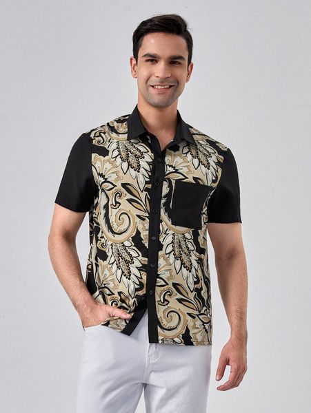 

men paisley print pocket front shirt i5h7#, White;black