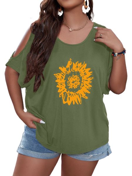 

plus floral print cold shoulder dolman sleeve tee g7bk#, Black