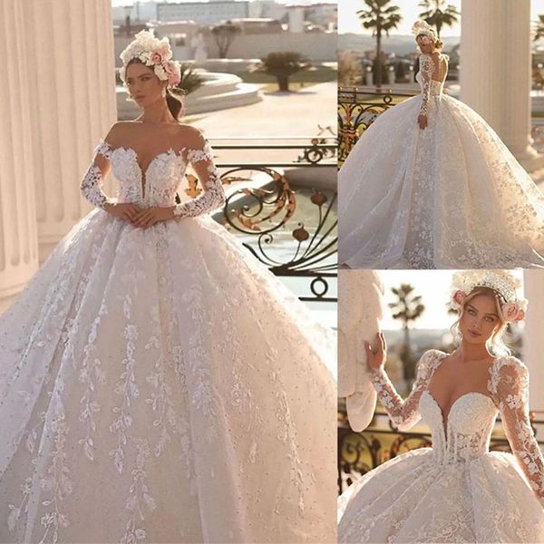 

unique wedding dress button back long sleeves applique lace bridal gowns custom made sweep train ball gown wedding dresses, White