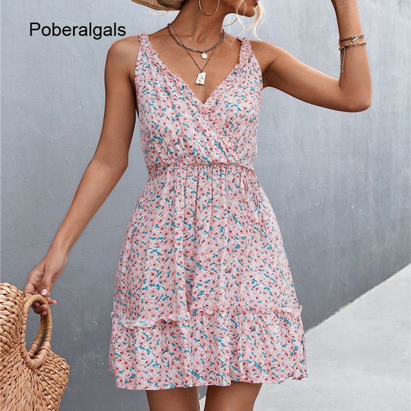 

backless sleeveless ruffle v-neck floral print dres summer dresses casual slim high waist beach sling dress 220520, Black;gray