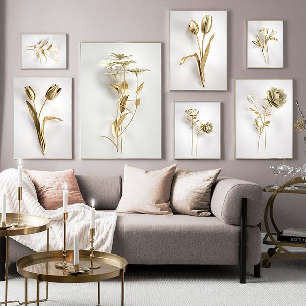 Abstrakte goldene Blume, Heimdekoration, luxuriöses Bild, Leinwandgemälde, Wandkunst, Poster und Drucke für nordisches Wohnzimmer-Kunstdesign