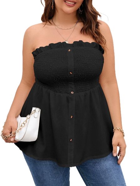 

women's plus size t-shirt plus ruffle trim shirred tube y2nf#, Black