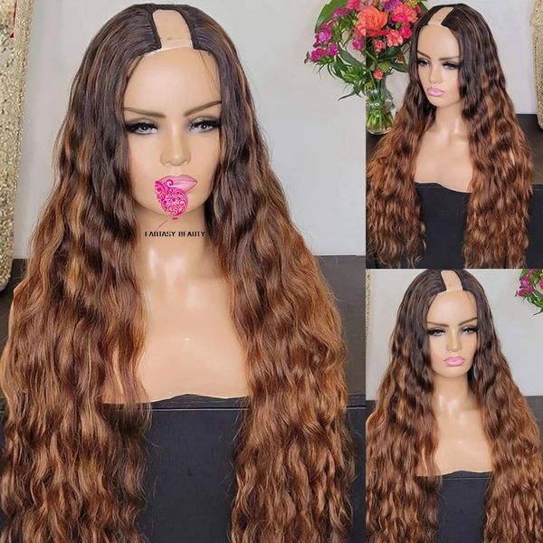 

30inches water wave u part wigs 100% human hair ombre auburn brown curly v shape glueless full machine made unprocessed half wig, Black