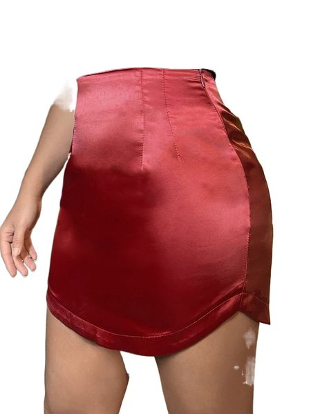 

high waist zip side satin bodycon skirt n58f#, Black