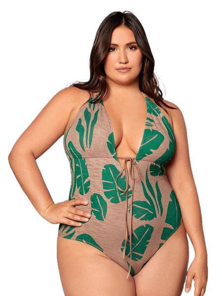 

plus tropical print knot front tie backless halter bodysuit m4cr#, Black