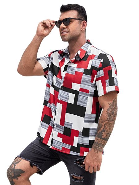 

extended sizes men geo print shirt c954#, White;black
