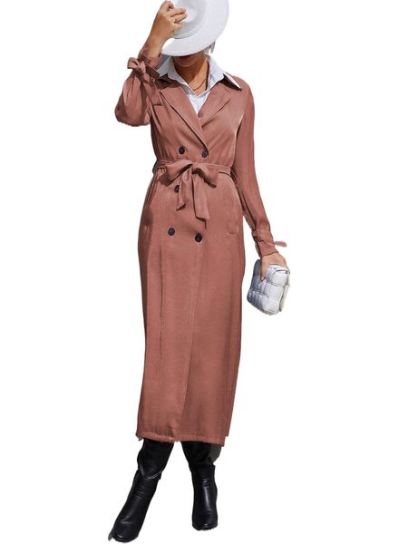 

lapel neck double breasted belted trench coat i6i4#, Tan;black