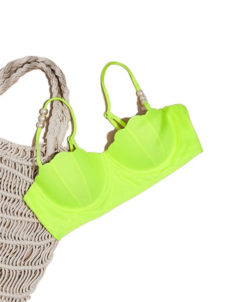 

neon lime bead scallop trim push up bikini e5xk#, White;black