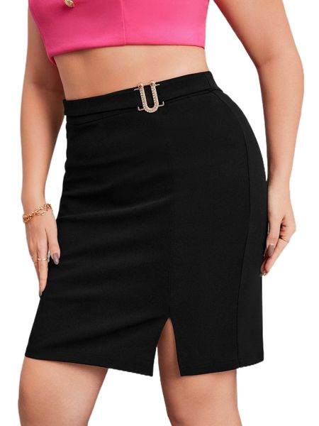 

plus high waist buckled detail split hem skirt o9ix#, Black